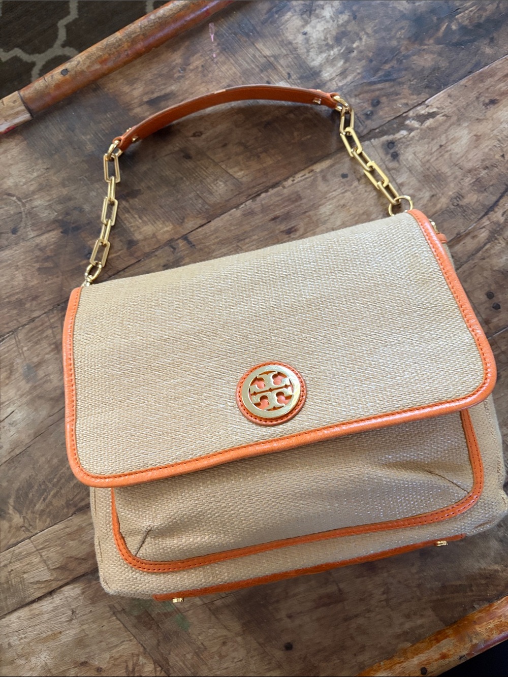 Tory Burch Beige Raffia Shoulder Bag with Orange Leather Trim and Gold Logo